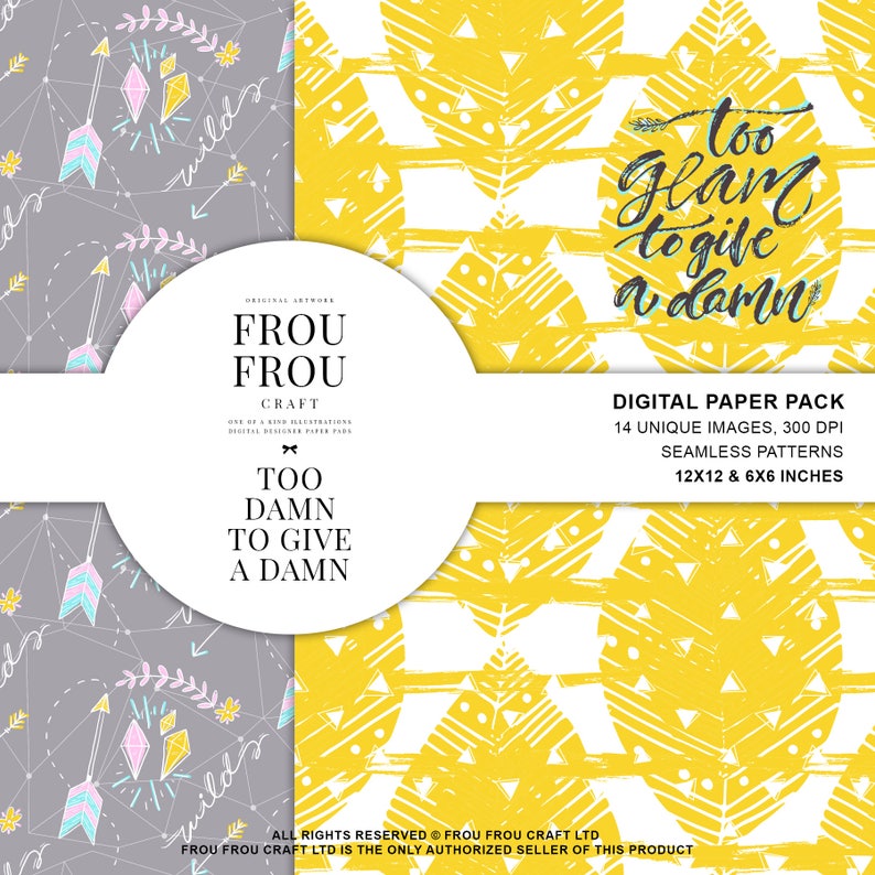 May include: Digital paper pack with 14 unique images, 300 DPI, seamless patterns in 12x12 and 6x6 inches. The patterns feature a yellow and white geometric design with a quote that reads "too glam to give a damn".