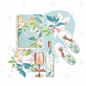 May include: A blue and gold floral patterned notebook, a bottle of wine, a glass, and two pairs of flip flops with floral patterns. The background is a light blue watercolor wash.