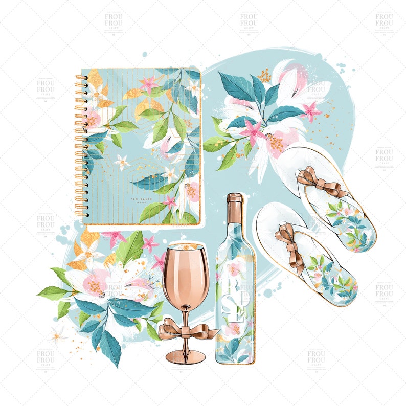 May include: A blue and gold floral patterned notebook, a bottle of wine, a glass, and two pairs of flip flops with floral patterns. The background is a light blue watercolor wash.