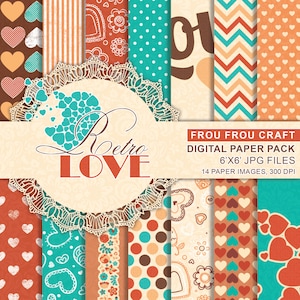 Op de afbeelding: Een digitaal papierpakket met een retro liefdesthema. Het pakket bevat 14 papieren afbeeldingen met verschillende patronen, waaronder harten, stippen en strepen. Het kleurenpalet bevat teal, bruin, oranje en crème. De tekst op de afbeelding luidt "Frou Frou Craft Digital Paper Pack 6'x6' JPG Files 14 Paper Images, 300 DPI."