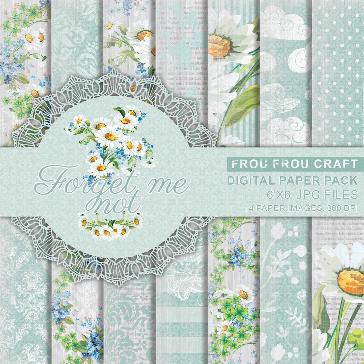 Forget Me Not Digital Paper Pack Instant Download Daisy Blue Mint White Garden Flowers Floral Vintage Rustic Damask Blue Romantic 6x6 inches