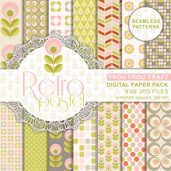Pastel Retro Seamless Patterns Instant Download Digital Paper Pack Grey Pink Green Red Vintage Shabby Flower Scrapbook Background 6x6 Inches