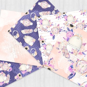 Puede incluir: Un conjunto de dise&ntilde;os de papel digital con un patr&oacute;n floral morado y rosa con una mochila, zapatillas, auriculares y un reloj. Los papeles son perfectos para scrapbooking, creaci&oacute;n de tarjetas y otros proyectos de manualidades.