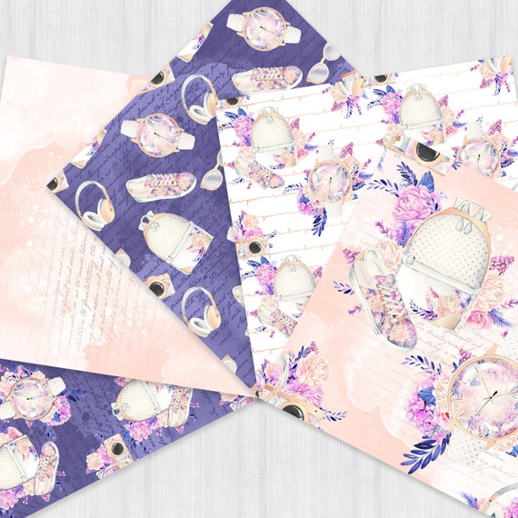 Fashion Paper Pack Travel Scrapbook Set Printable Planner Stickers Supplies  Girly Digital Backgrounds Watercolor Floral Seamless Patterns 