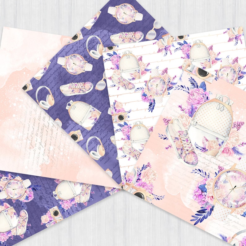 Puede incluir: Un conjunto de dise&ntilde;os de papel digital con un patr&oacute;n floral morado y rosa con una mochila, zapatillas, auriculares y un reloj. Los papeles son perfectos para scrapbooking, creaci&oacute;n de tarjetas y otros proyectos de manualidades.