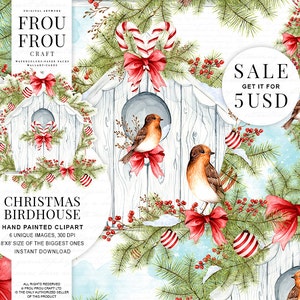 Imágenes prediseñadas de Navidad de acuarela de invierno, pájaro digital, tarjeta de temporada DIY Clipart Set, imágenes prediseñadas pintadas a mano, Navidad Clip Art, Birdhouse impresión, venta