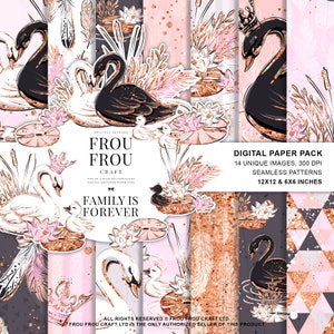 Pacchetto di carta per bambini, simpatico pacchetto di carta digitale con cigno rosa pastello pesca oro glitterato, animali uccelli tessuto famiglia vivaio scrapbook planner adesivi