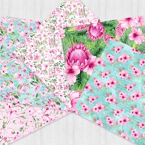 May include: A set of five digital paper designs featuring pink and green tropical flowers and leaves on a white and blue background.