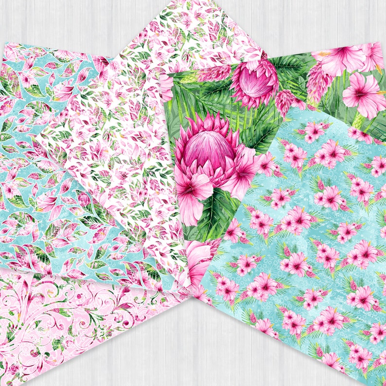 May include: A set of five digital paper designs featuring pink and green tropical flowers and leaves on a white and blue background.