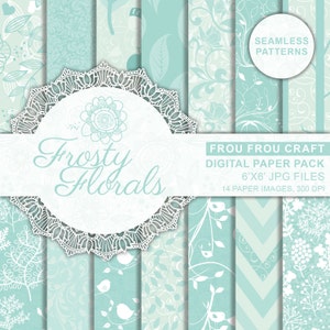 May include: A digital paper pack with 14 seamless patterns featuring frosty floral designs in white and light blue. The pack includes 6x6 inch JPG files at 300 DPI. The text "Frosty Florals" is displayed in a white circle with a lace border.