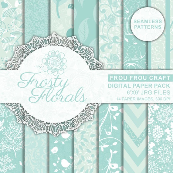 Winter Floral Seamless Pattern Digital Paper Pack Instant Download Aqua Mint Blue Chevron Birds Flowers Tree Plants Snow Sage 6x6 inches