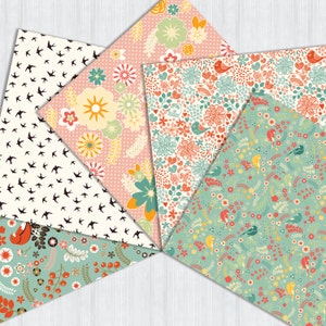 May include: Five different patterned paper sheets with floral and bird designs. The patterns include pink with white polka dots and yellow flowers, white with black birds, green with yellow and red birds, white with red and green flowers, and white with red and blue flowers.