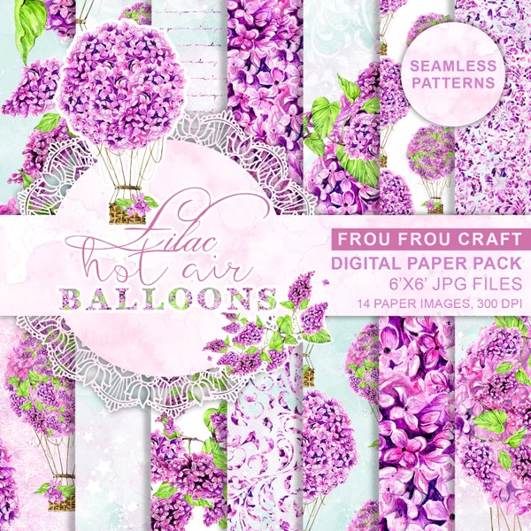 Air Balloons Digital Paper Pack Watercolor Lilac Seamless Pattern Purple Violet Lavender Floral Instant Download Original Baby Girl Romantic