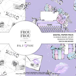 May include: Digital paper pack with romantic illustrations. Features a typewriter, birds, roses, gifts, and macarons. Includes seamless patterns in 12x12 and 6x6 inch sizes. The design incorporates the text "XOXO" and "P.S. I YOU".