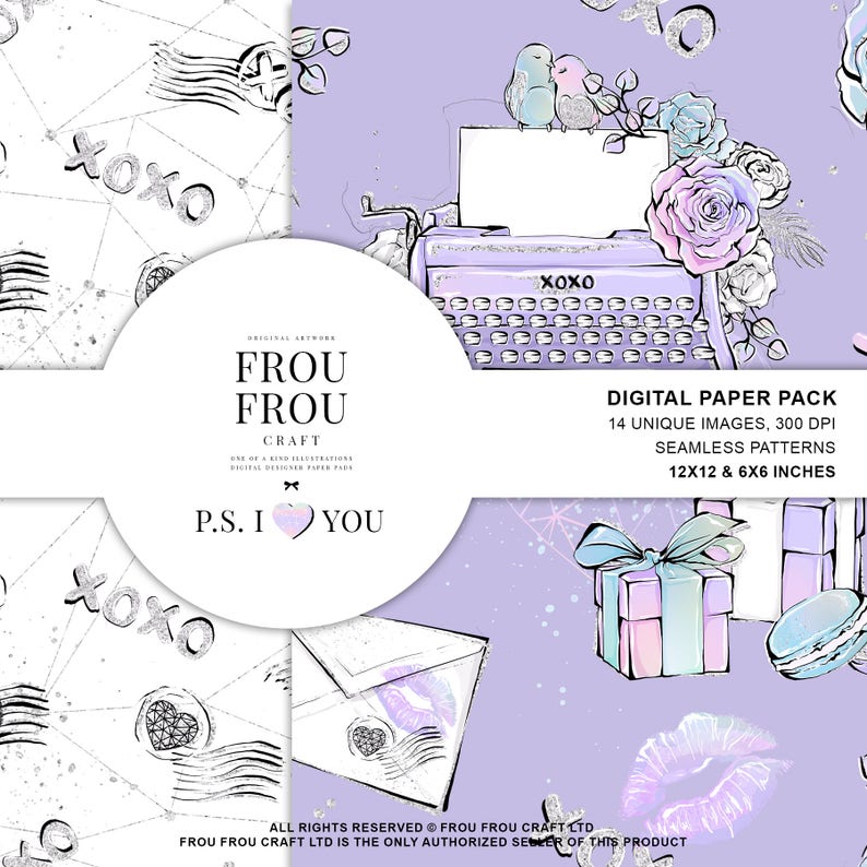 May include: Digital paper pack with romantic illustrations. Features a typewriter, birds, roses, gifts, and macarons. Includes seamless patterns in 12x12 and 6x6 inch sizes. The design incorporates the text "XOXO" and "P.S. I YOU".