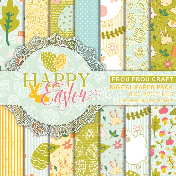 Happy Easter Digital Paper Pack Instant Download Eggs Bunny Chick Polka Dots Pink Yellow Green Blue White Colorful Spring 6x6 inches