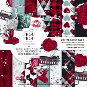 May include: Digital paper pack with 14 unique images and seamless patterns. The images feature a red and white plaid pattern, a red and white heart pattern, a red and white geometric pattern, a red and white floral pattern, a red and white book pattern, a red and white boot pattern, a red and white mug pattern, a red and white pillow pattern, and a red and white glasses pattern. The patterns are 12x12 inches and 6x6 inches.