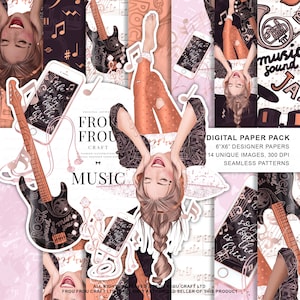 Puede incluir: Un paquete de papel digital con 14 imágenes únicas y patrones sin costuras. Las imágenes presentan a una chica escuchando música con auriculares, una guitarra y notas musicales. El texto "Music Sound" aparece en la imagen. Las imágenes miden 15,24 cm x 15,24 cm y 300 DPI.