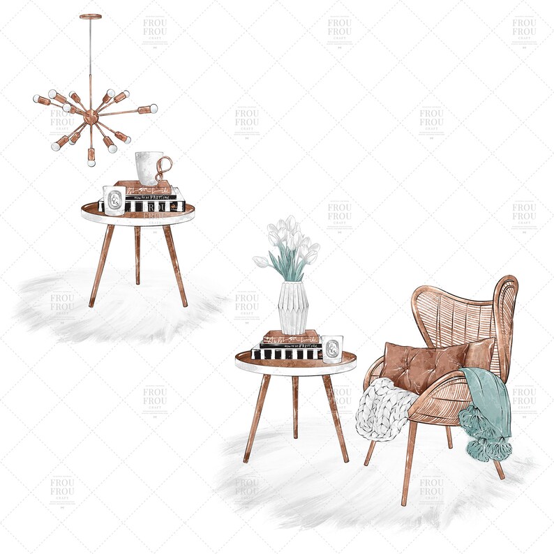 May include: A white wicker chair with a brown cushion and a green throw blanket. A side table with a vase of white tulips and books sits next to the chair. A second side table with books and a small decorative object sits in the background.