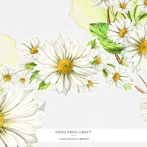 K&ouml;nnte beinhalten: Aquarellmalerei von wei&szlig;en G&auml;nsebl&uuml;mchen mit gelben Zentren, die in einem Strau&szlig; mit gr&uuml;nen Bl&auml;ttern und Stielen angeordnet sind. Der Hintergrund ist hellgrau mit einer Aquarellw&auml;sche in Gr&uuml;n und Gelb.