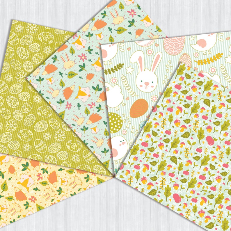 May include: Five different patterned digital papers featuring Easter-themed illustrations. The patterns include bunnies, chicks, eggs, and other spring-themed elements. The papers are in shades of green, yellow, pink, and white.