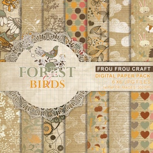 Vogels en bos digitale paper pack instant downloaden oud papier groen oranje beige bruine vos bloemen bladeren vallen Chevron rustieke 6x6 inch