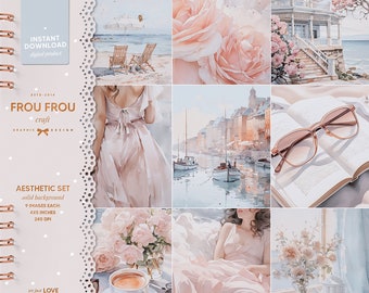 Planner Stickers Set, Planner Cover, Pastel Rose Blue Clip Art, Romantic Instagram Post, Social Media Resources