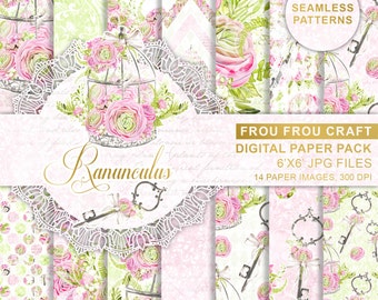 Pink Floral Paper Pack, Wedding Digital Paper, Roses Background, Retro Scrapbook Paper, Seamless Patterns, Ranunculus Flowers, Bridal Shower