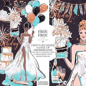Anniversaire Clip Art Party Clipart Nouvel An Fashion Planner Sticker Enterrement de Vie de Jeune Fille DIY Invitation Or Paillette Menthe Digital Decal Champagne