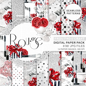 Rouge à lèvres Digital Paper Pack Maquillage Seamless Pattern Journal Cosmétique Beauté Blog Mode Aquarelle Pinceau Mascara Chick Gift Box Noir