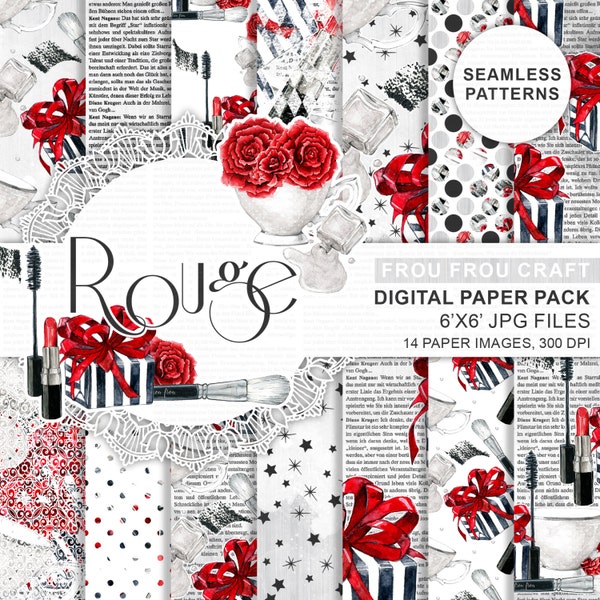 Rossetto rosso Digital Paper Pack Makeup Seamless Pattern Giornale Cosmetico Beauty Blog Moda Acquerello Pennello Mascara Chick Gift Box Nero