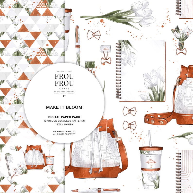 May include: A digital paper pack with 12 unique seamless patterns featuring a white background with brown geometric shapes, white flowers, and brown and white patterned bags, cups, and notebooks. The text "MAKE IT BLOOM" and "FROU FROU CRAFT" is included in the image.
