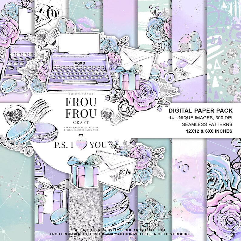 May include: Digital paper pack featuring 14 unique images with seamless patterns. The designs include illustrations of roses, typewriters, macarons, envelopes, and gifts in pastel colors. The pack includes 12x12 and 6x6 inch patterns.