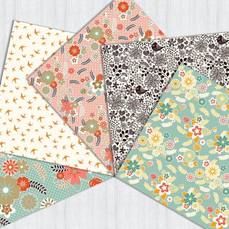 May include: Five different patterned scrapbook papers with floral and bird designs. The papers are in shades of pink, blue, green, black, and white.