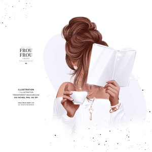 Clipart de amante de livros, clipart de livros, clipart de café, ilustração de moda em ouro rosa, adesivos de planejador, planejador feminino, impressão sob demanda