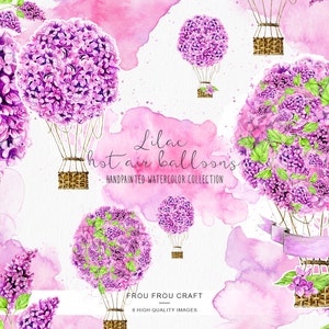 Heißluftballon ClipArt Aquarell Flieder Blumen Violett Lila Handbemalt Floral Romantisch Original Einladung Frühling Hochzeit DIY Pack