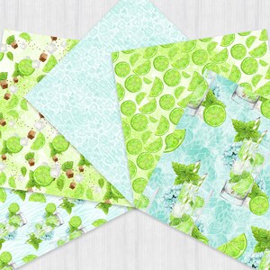 May include: Five different digital paper designs featuring a lime and mint pattern. The designs include lime slices, mint leaves, sugar cubes, and a glass of mojito.