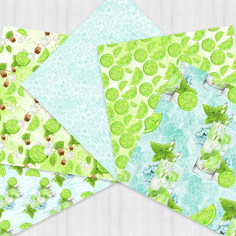 May include: Five different digital paper designs featuring a lime and mint pattern. The designs include lime slices, mint leaves, sugar cubes, and a glass of mojito.