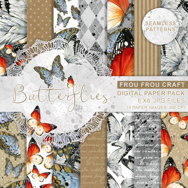 Butterflies Digital Paper Pack Watercolor Seamless Patterns Romantic Retro Vintage Wedding Instant Download Kraft Craft Handpainted Original