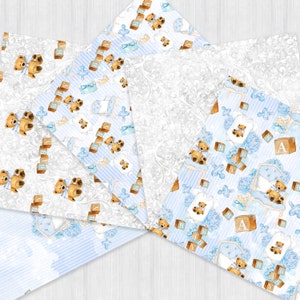 Pu&ograve; includere: Un set di quattro design di carta digitale con uno sfondo a strisce blu e bianche con un motivo di orsacchiotto, blocchi e ciuccio. Le carte sono perfette per lo scrapbooking, la creazione di biglietti e altri progetti di artigianato.