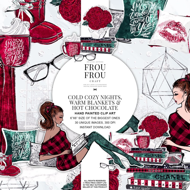 Cute Christmas Clipart Winter Scene Clipart Book Lover Planner Stickers Cabin Red Plaid Silver Glitter Coffee Fashion Girl Illustration
