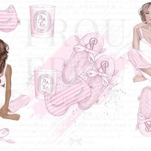 May include: Pink and white striped sleep mask, two pink and white striped slippers, two pink and white striped eye masks, two pink candles with the word "BAIES" on them, and a woman in pink and white striped pajamas sitting on a white bed.
