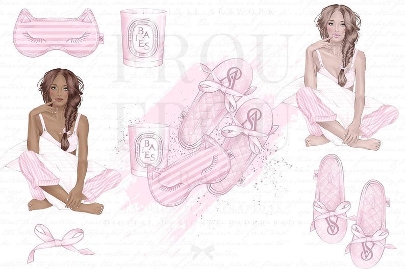 May include: Pink and white striped sleep mask, two pink and white striped slippers, two pink and white striped eye masks, two pink candles with the word "BAIES" on them, and a woman in pink and white striped pajamas sitting on a white bed.