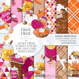 Thanksgiving Paper Pack, Pumpkin Digital Paper Pack, Pumpkin Pie Fabric, Cute Fall Stickers, Hot Pink Glitter, Plaid Seamless Pattern, Gold