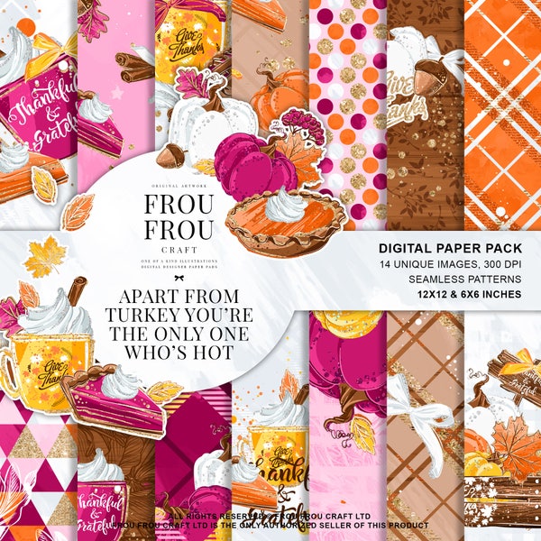 Thanksgiving Paper Pack, Pumpkin Digital Paper Pack, Pumpkin Pie Fabric, Cute Fall Stickers, Hot Pink Glitter, Plaid Seamless Pattern, Gold