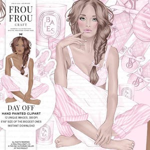 Spa Clipart, Pyjama Party, Invitation de bricolage à la douche nuptiale, Autocollants Pink Planner, Clip Art cosmétique, Illustration de fille de mode, Relax Girly
