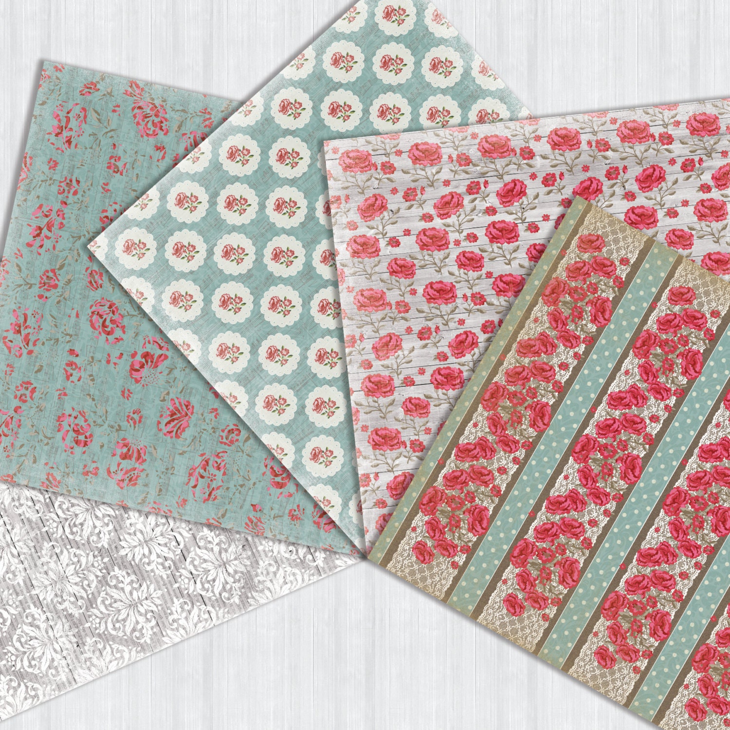 Shabby Chic Blue Garden Paper, Lace Pattern Rustic Digital Paper Pack ...