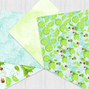 May include: Four digital paper designs featuring a lime green and white pattern with lime wedges, mint leaves, brown sugar cubes, and ice on a light blue background.