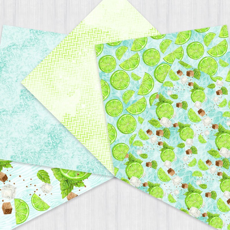 May include: Four digital paper designs featuring a lime green and white pattern with lime wedges, mint leaves, brown sugar cubes, and ice on a light blue background.