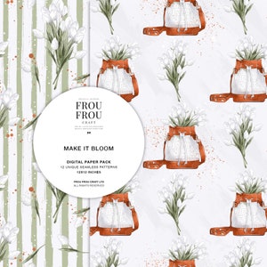 May include: A digital paper pack with 12 unique seamless patterns featuring white flowers in a brown leather bag. The background is a white textured paper with brown and green stripes. The text "MAKE IT BLOOM" is in the center of the image.